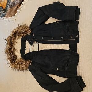 Hollister Navy Bombers Jacket with Faux Fur Trim